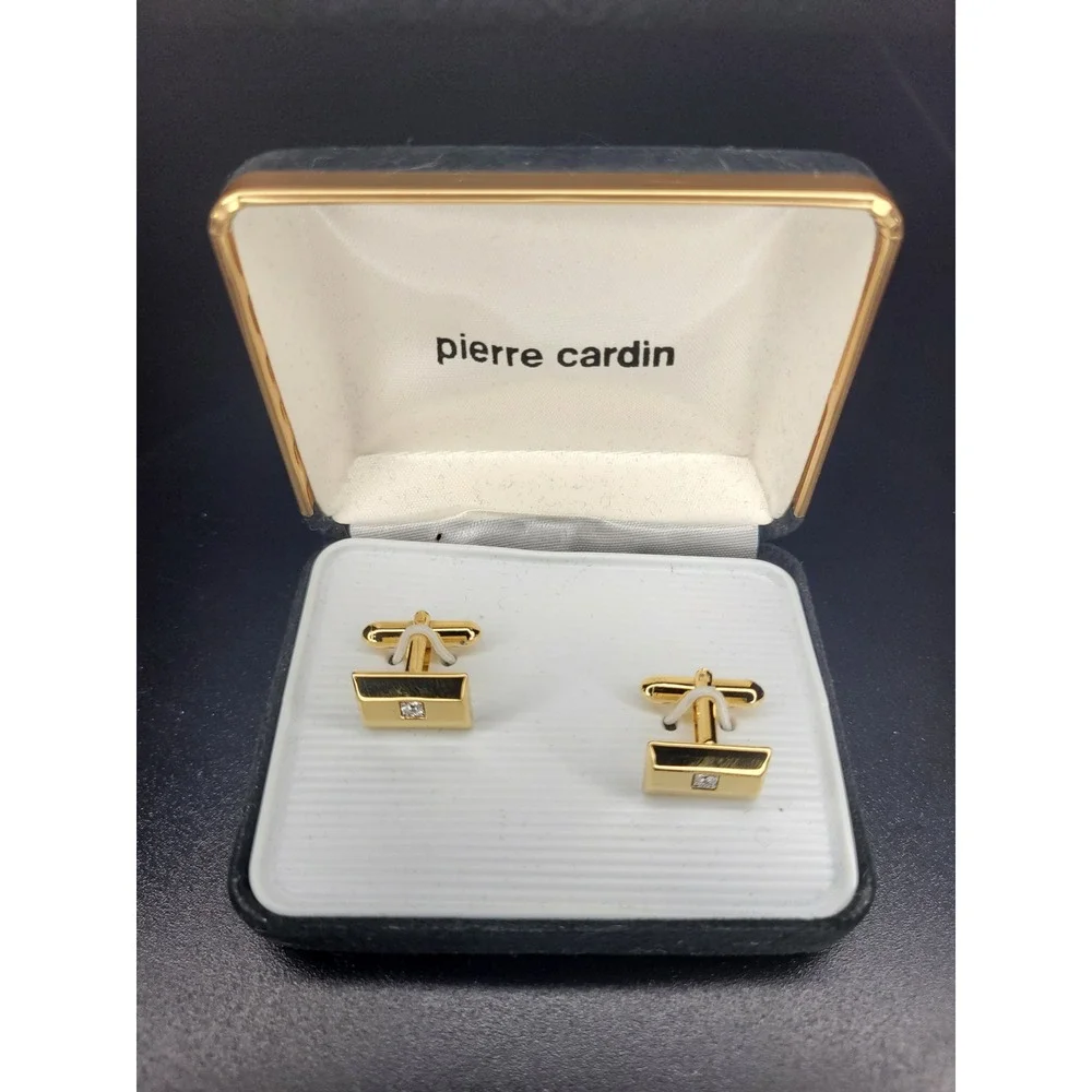 Pierre Cardin Cufflinks Gold Tone Rectangular Clear Accent Boxed Excellent